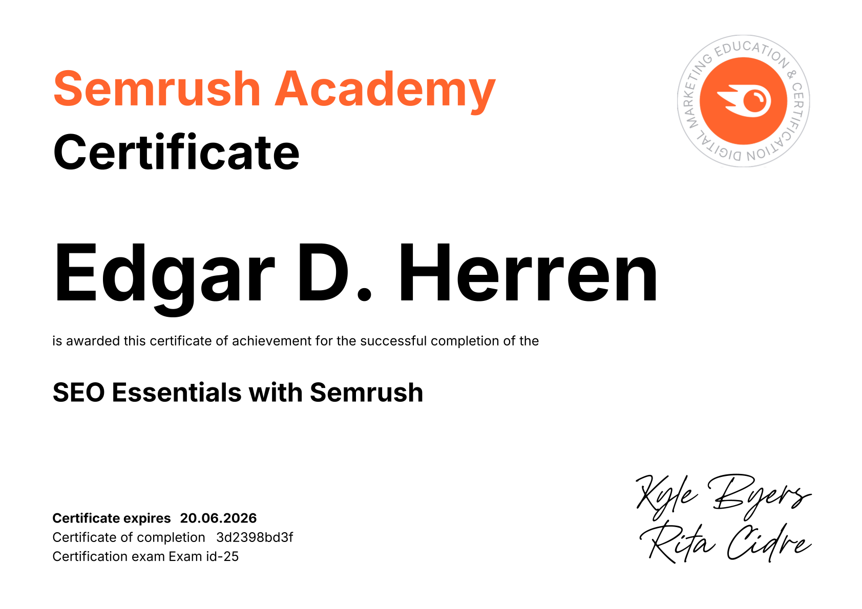 SEO Zertifikat Edgar D. Herren